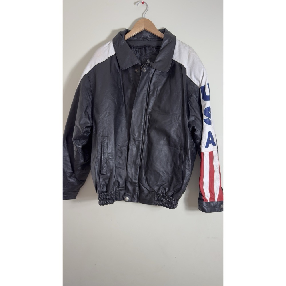 Oscar Piel Perfect Leather Zip Front Lined American Flag Jacket Coat Men 2XL Y2K